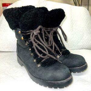 UGG Fraser Exposed Fur Black Water-resistant Leather Combat Boots Wm Size 7.5M